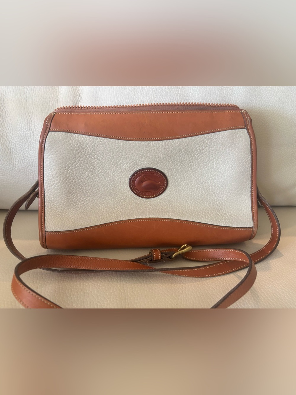 Dooney & Bourke White Pebbled Leather Shoulder Bag with Tan Trim